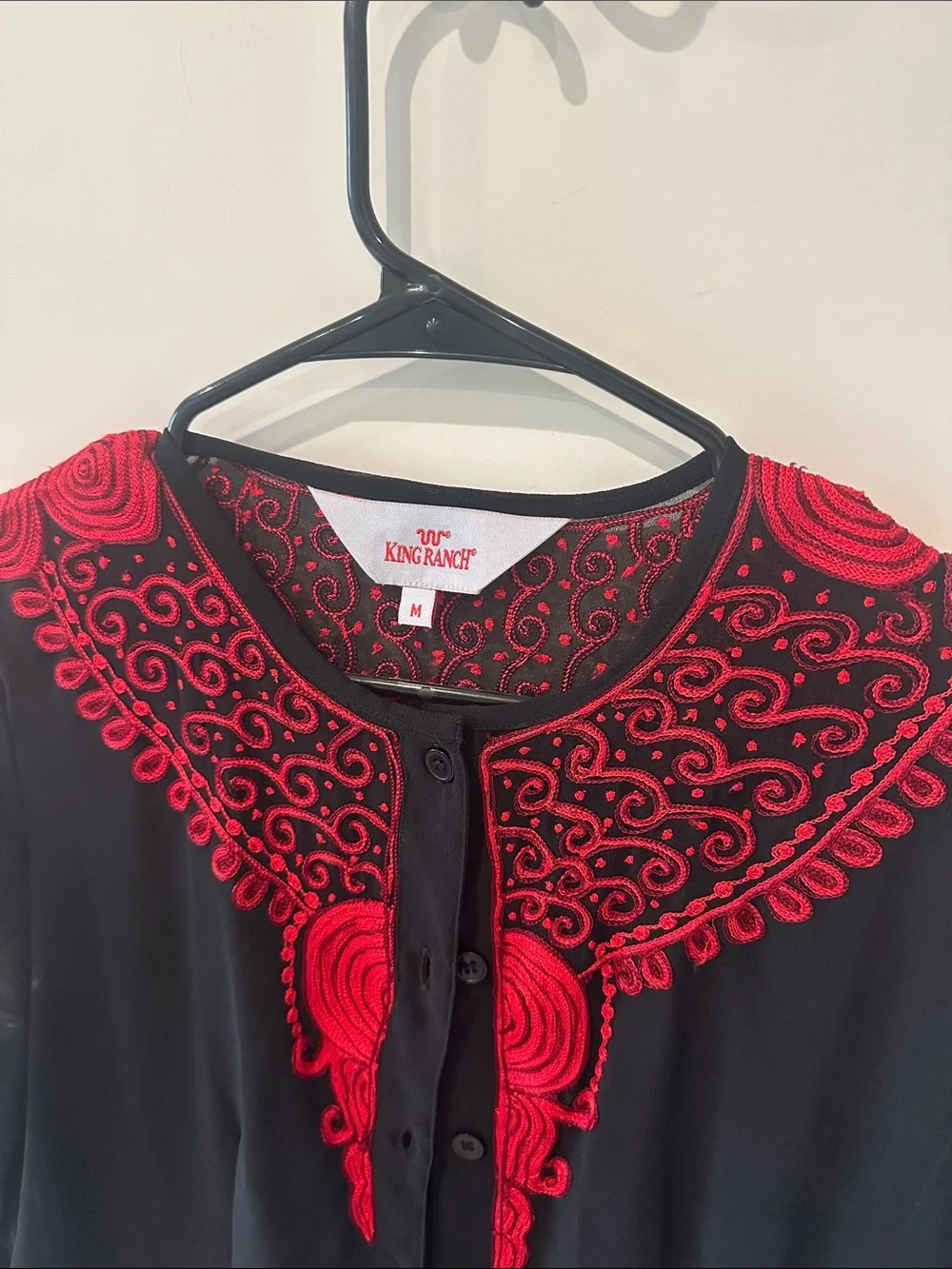 Kensie Black Blouse with Red Embroidered Yoke and Sleeve Detail